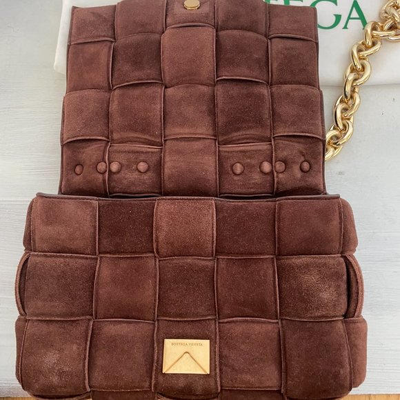 Bottega Veneta Cassette Suede Shoulder Bag Weaved Brown Gold Chain Link Strap - Picture 5 of 10